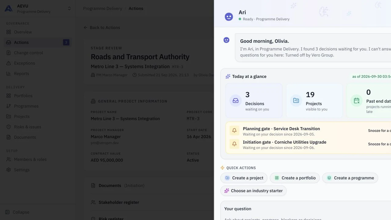 Ari attention view with demo decisions and quick actions; AI generation is disabled by organisation policy