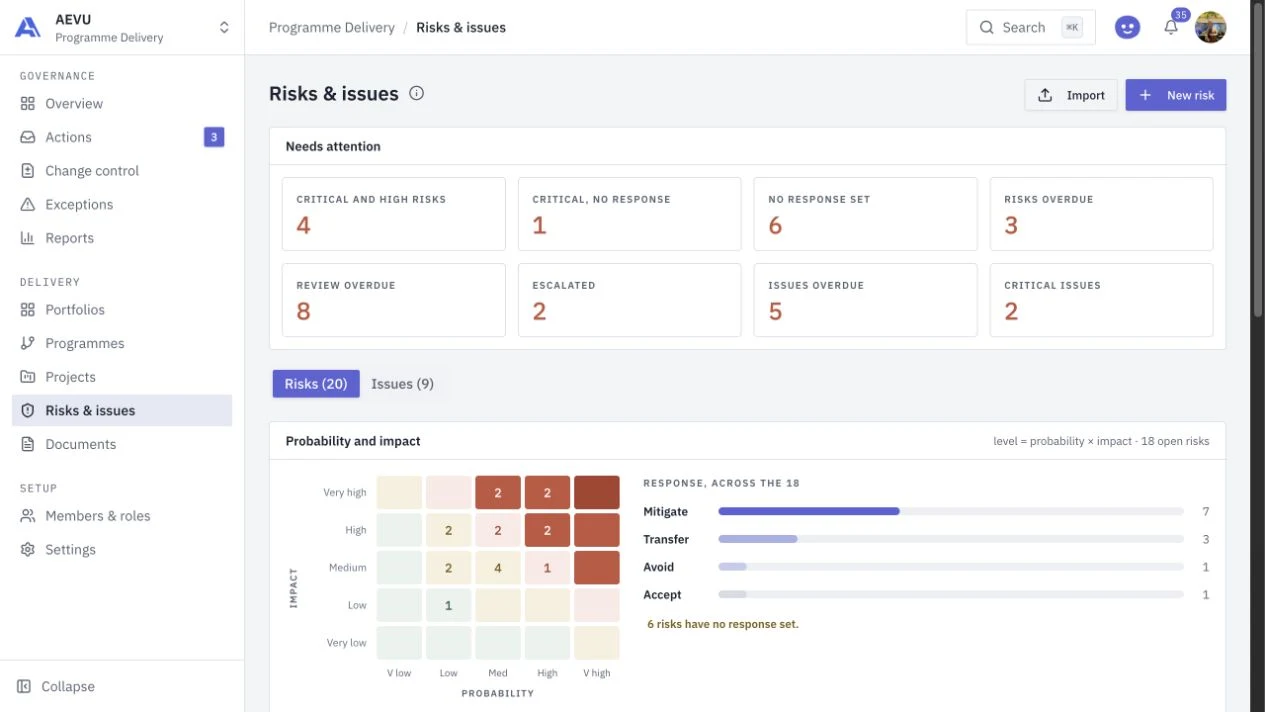 Workspace risk register with a probability-impact heat map and response coverage